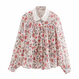 collar floral print chiffon blouse