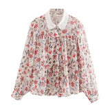 collar floral print chiffon blouse